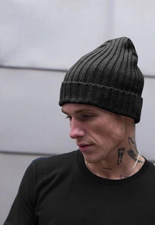 RIBBED CUFF FISHERMAN TRAWLER WINTER BEANIE HAT - BLACK