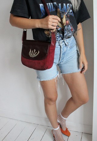 VINTAGE 80S MAROON LEATHER & SUEDE HANDBAG