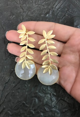 BRASS GOLD EARRINGS FAUX MOONSTONE GOLD LEAF ROMAN GREEK