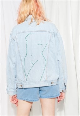 Reworked Vintage Denim Jacket 90s Feminist Embroidery Coat