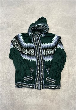 Vintage Knitted Hoodie Llama Patterned Knit Zip Up Jacket
