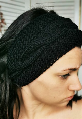 MERINO WOOL HANDMADE KNITTED WINTER HEADBAND IN BLACK