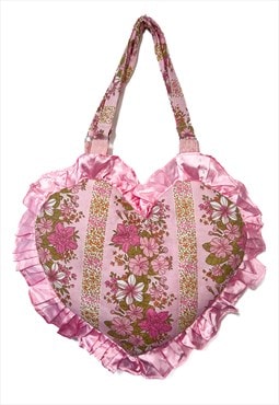 Pink Floral Ruffle Heart Tote Bag - Satin Trim