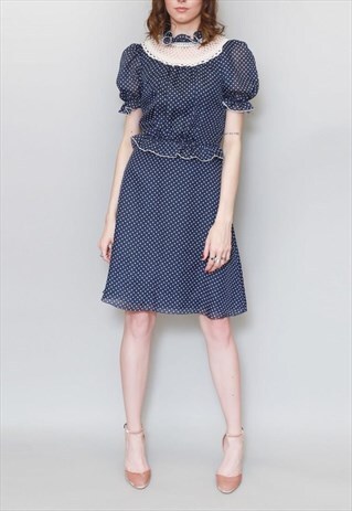 VINTAGE 1970'S STUNNING BLUE & WHITE SPOT RUFFLED MINI DRESS