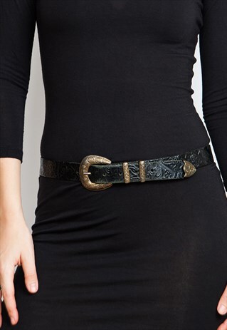 VINTAGE EMBOSSED LEATHER METALLIC BUCKLE BELT