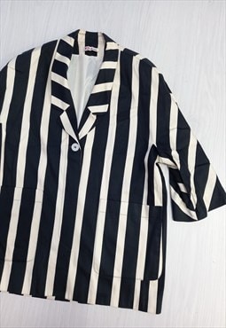 80's Vintage Shirt Striped Short Sleeve Black Cream