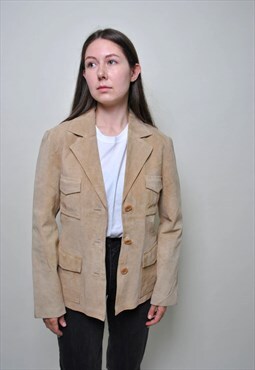 Vintage suede jacket, women button up leather blazer
