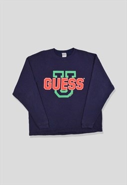 Vintage 90s GUESS Spellout Logo Sweatshirt in Navy Blue