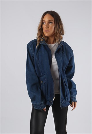 VINTAGE DENIM BOMBER JACKET OVERSIZED UK 14 LARGE (JRBQ)