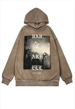 Gothic hoodie grunge pullover gloomy print top in acid brown