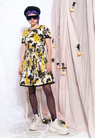 VINTAGE DRESS 60S WEDDING PROM YELLOW FLORAL PLEATED DRESS