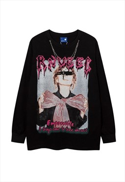 Retro poster print t-shirt grunge tee raver top in black