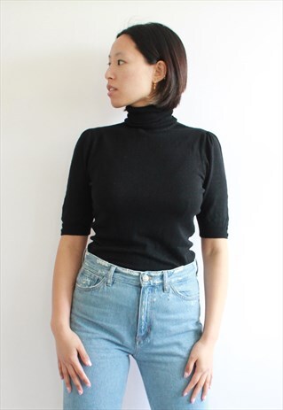 BLACK KNIT ROLL NECK TOP