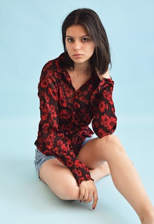 90'S RETRO FLORAL PRINT MESH SHEER KITSCH TOP BLOUSE