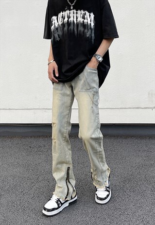 BLUE DISTRESSED WASHED DENIM JEANS PANTS TROUSERS