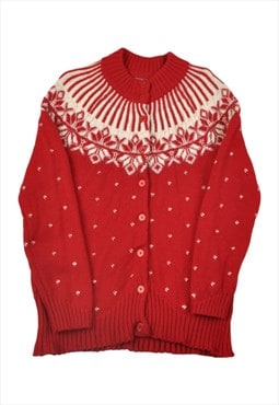 Vintage Cardigan Icelandic Retro Pattern Red Ladies Medium