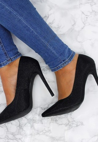 WOMENS LADIES BLACK SPARKLE POINTED STILETTO COURT SHOES