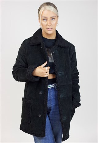VINTAGE 90'S WOOL DETAILED BLACK SUEDE JACKET