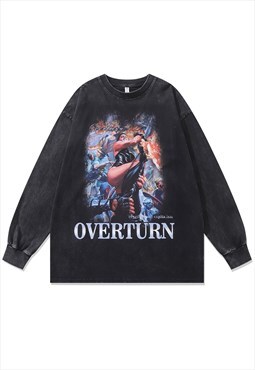 Vintage wash Y2K print t-shirt long sleeve grunge top grey