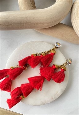 Antique Gold Fringe Stud Diamante Red Tassel  Drop Earring