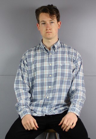 VINTAGE BURBERRY NOVA CHECK BUTTON ZIP SHIRT IN BLUE WITH EM