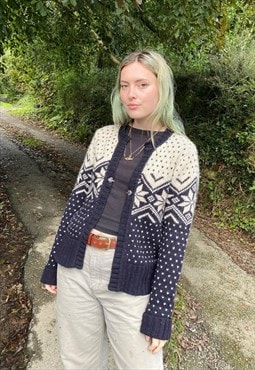 Vintage Size S Chunky Knitted Nordic Cardigan in Multi