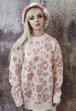 Leopard sweater vintage heart pattern jumper animal top pink