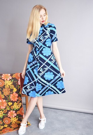 VINTAGE 60'S ABSTRACT & FLORAL PATTERN MIDI ELEGANT DRESS