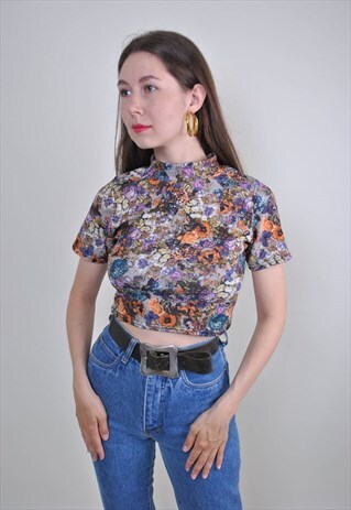 VINTAGE HIGH NECK FLORAL SHORT SLEEVE CROP TOP, SIZE S