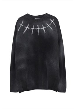 Cross print sweater Gothic jumper grunge knitted top black