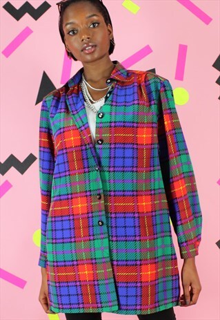 VINTAGE 90S TARTAN BLOUSE TOP Y2K RED BLUE GREEN PURPLE