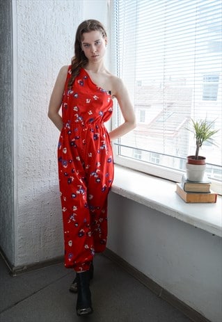 Vintage 70's Red Abstract Print Cotton One Shoulder Jumpsuit