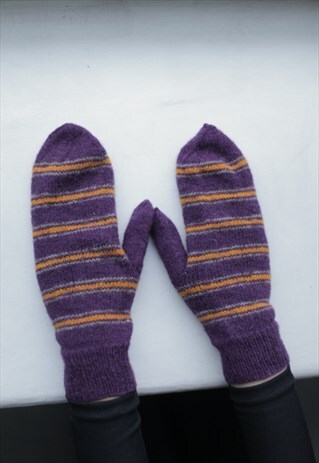 PURPLE STRIPED HANDMADE KNITTED WOOL GLOVES