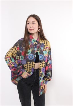 90s abstract print multicolor blouse, vintage colorful funky