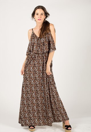FRILLED LEOPARD PRINT MAXI DRESS (BROWN)