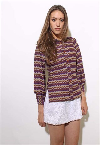 VINTAGE 1960'S 60'S ZIG ZAG BUTTON DOWN SHIRT PURPLE TAN S-M