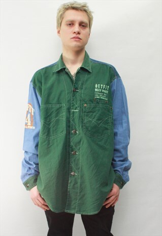 VINTAGE 90' AMAZING BEAUTIFUL GREEN AND DENIM SHIRT