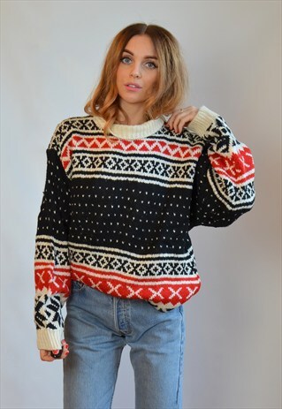 VINTAGE 90S BLACK, RED & WHITE CHUNKY KNIT OVERSIZED JUMPER