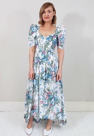 VINTAGE 90'S LIGHT BLUE AND PINK BACKLESS PUFF SLEEVE DRESS