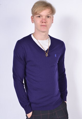 VINTAGE PRINGLE V NECK JUMPER BLUE