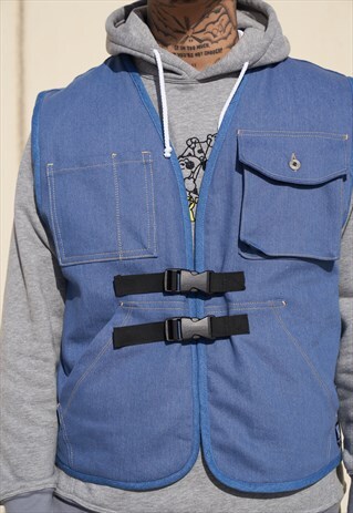 HANDMADE DENIM UTILITY POCKET VEST WITH QUILTED LINEN