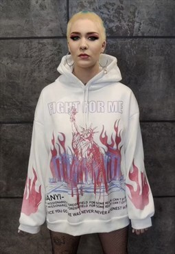Flame print hoodie American liberty y2k pullover in white