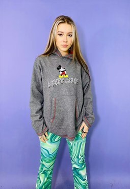 Vintage 90s Grey Embroidered Mickey Mouse Fleece Hoodie