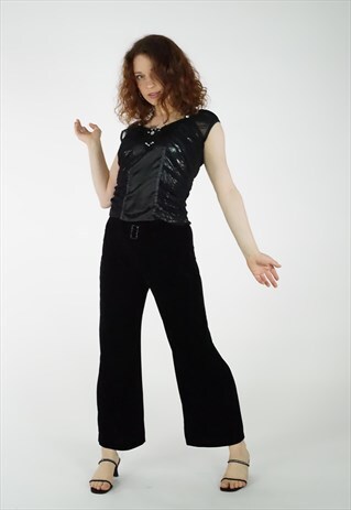 VINTAGE 90S BLACK VELOUR VELVET BAGGY WIDE LEG TROUSERS