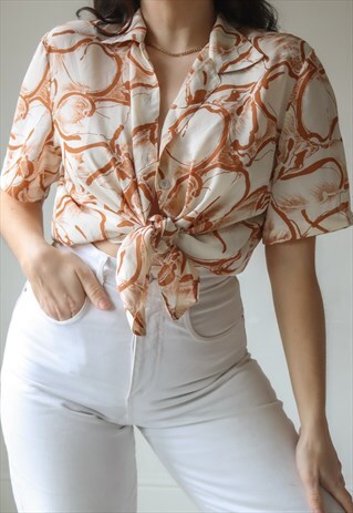 VINTAGE 80S SHORT SLEEVE SHIRT IN CREAM ABSTRACT PRINT