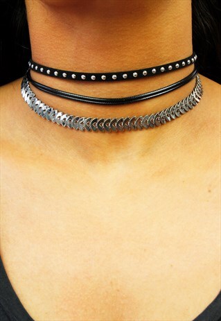 BLACK & SILVER MULTI CHOKER STATEMENT NECKLACE