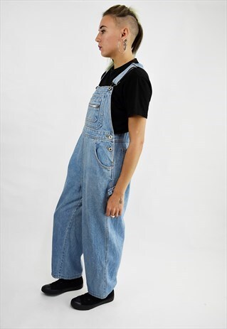 VINTAGE 90S PALE BLUE DENIM WIDE LEG DUNGAREES