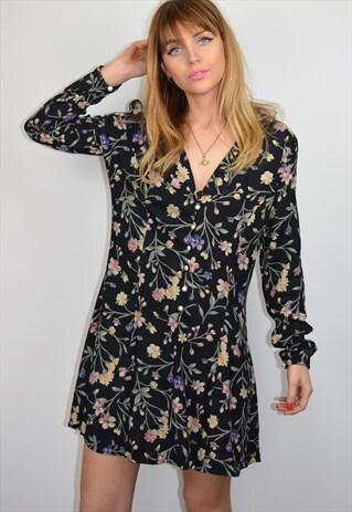 VINTAGE 90S BLACK FLORAL LONG SLEEVE MINI DRESS
