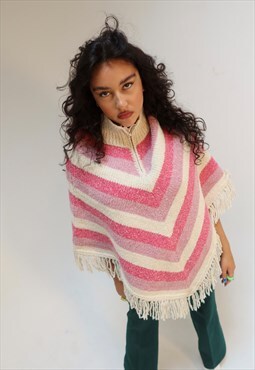 Vintage Pachamama Hand-knit Pink Stripe Zip Up Poncho