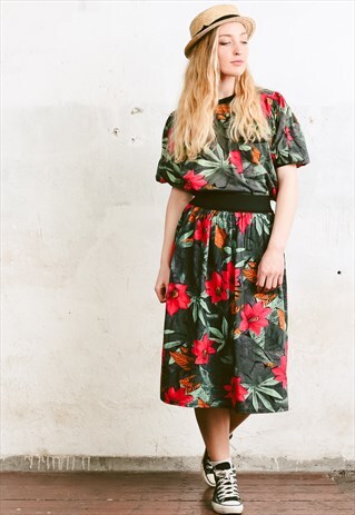 VINTAGE 90S TROPICAL PRINT MIDI SKIRT AND TOP CO-ORD